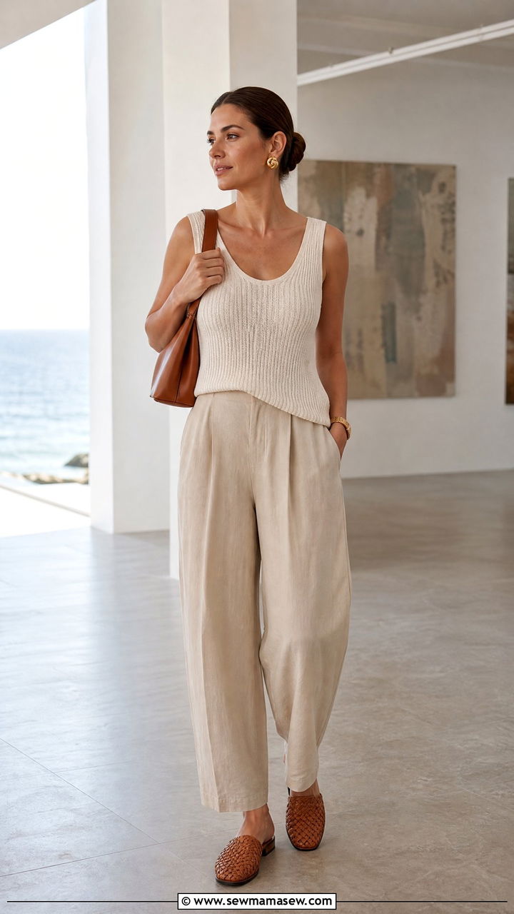Cream Knit Tank with Barrel Leg Pants - 30 Coastal grandmother summer outfits
