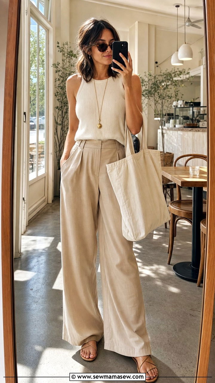 Cream Knit Tank with Beige Trousers and Strappy Flat Sandals - 25 Summer capsule wardrobe Parisian