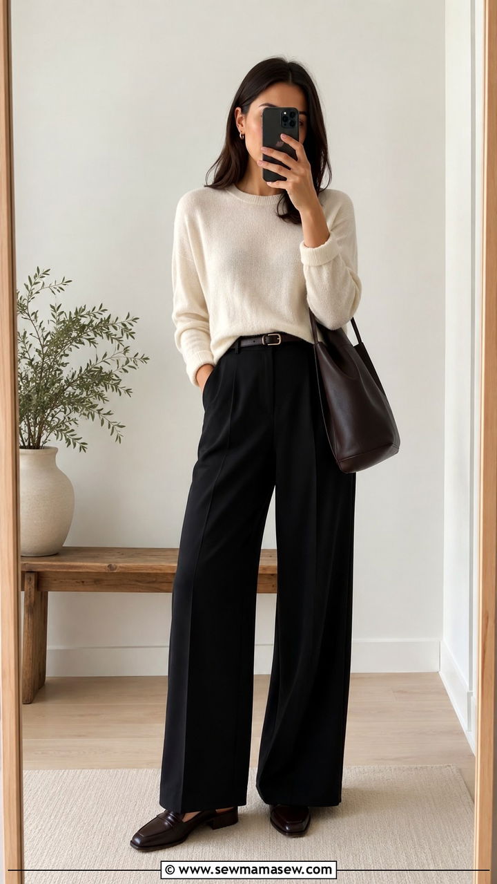 Cream Knit Top And Wide Leg Trousers For Mediation - 30 Mediation outfit ideas