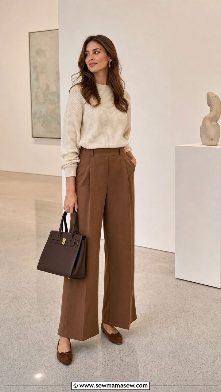 Cream Knit Top With High Waisted Wide Leg Trousers And Suede Ballet Flats - 25 Sporty chic outfit ideas ballet