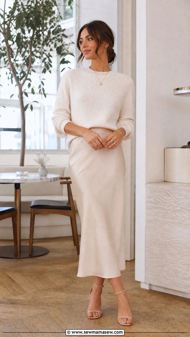 Cream Knit Top With Satin Midi Skirt Outfit - 25 Quiet luxury dupes outfit ideas