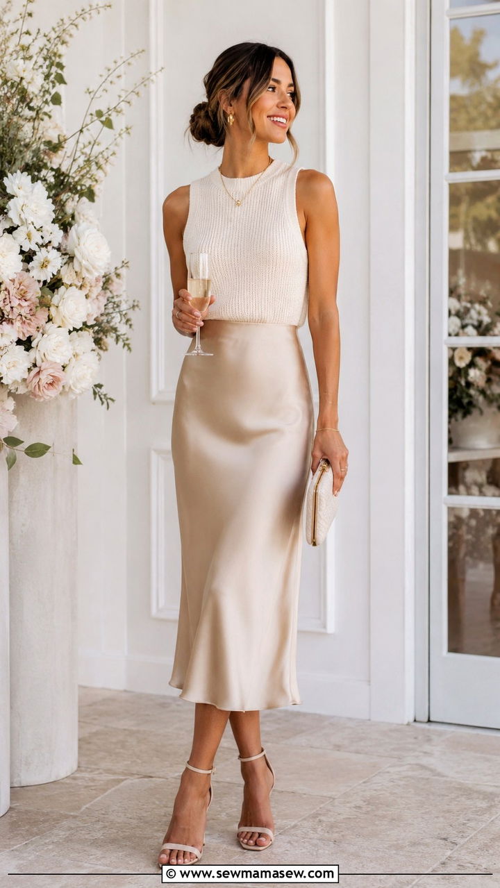 Cream Knit Top With Satin Midi Skirt - 30 chic bridal shower outfits for women
