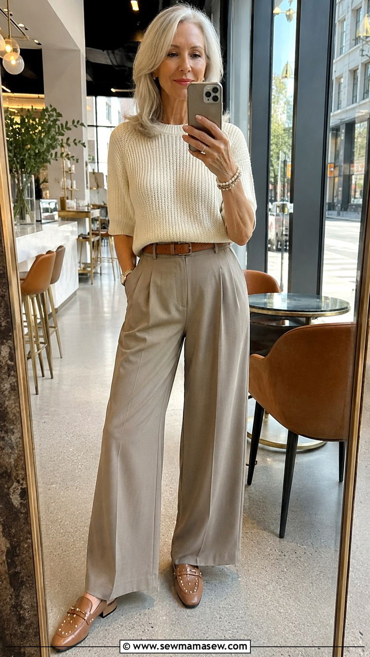 Cream Knit Top With Wide Leg Trousers - 25 Birthday outfits for women over 50
