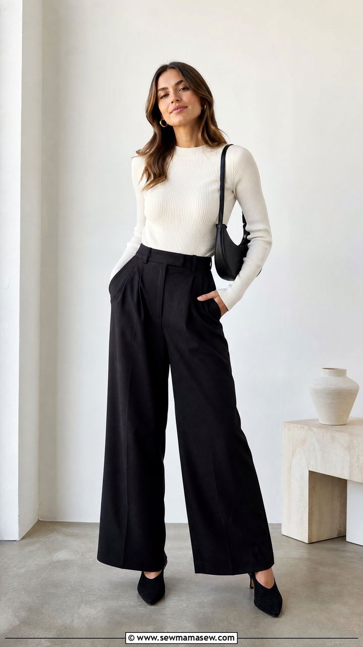Cream Knit Top and Black Wide Leg Trousers Office Outfit - 35 Minimalist work outfit ideas