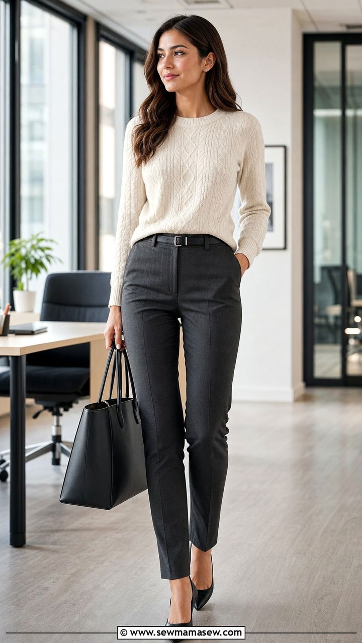 Cream Knit Top and Charcoal Slim Trousers Outfit - 35 Business casual outfits for first job