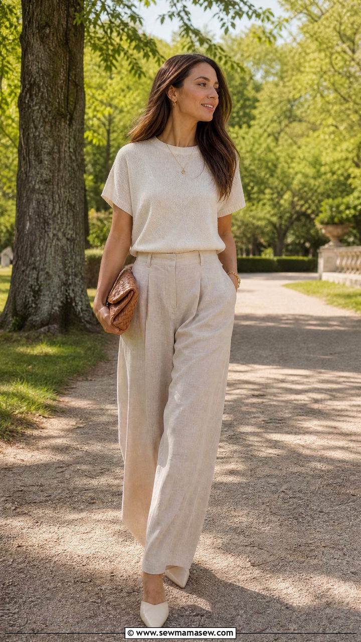 Cream Knit Top and Wide Leg Pants - 30 clean girl outfits inspo