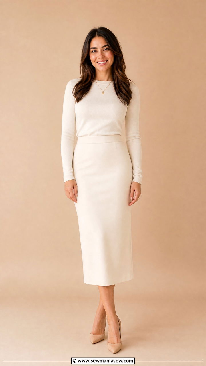 Cream Knit Top with Matching Midi Skirt - 30 Professional headshot outfit ideas for women