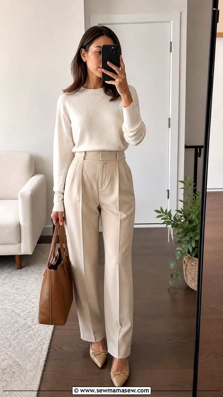 Cream Knit Top with Tailored Trousers Outfit - 40 Spring office outfits
