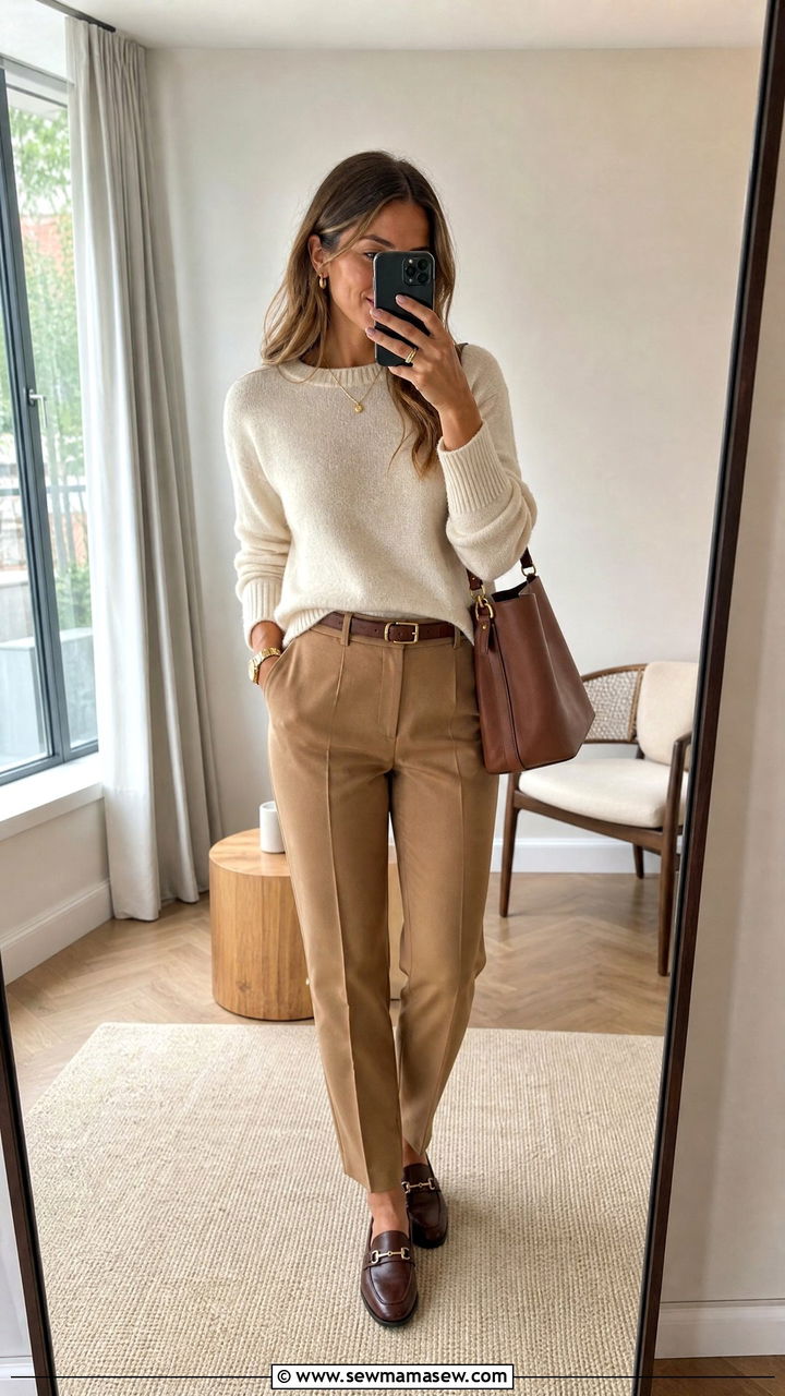 Cream Knit Top with Tailored Trousers and Loafers - 25 Keynote speaker outfit ideas