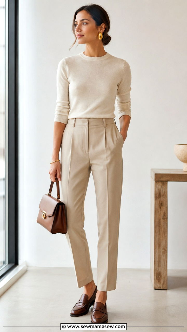 Cream Knit Top with Tailored Trousers and Loafers Outfit - 25 Mid July outfit ideas