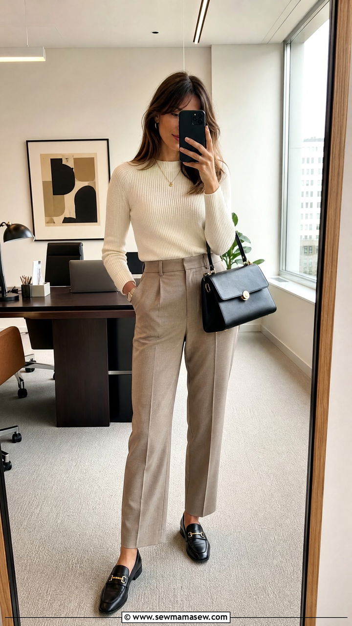 Cream Knit Top with Tailored Trousers and Loafers - 35 french girl outfits for women