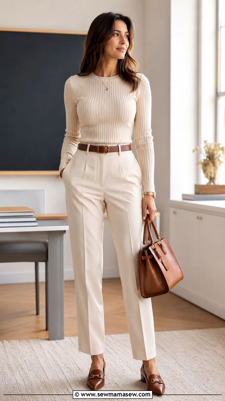 Cream Knit Top with Tailored Trousers and Structured Handbag - 30 Spring outfit ideas for teacher