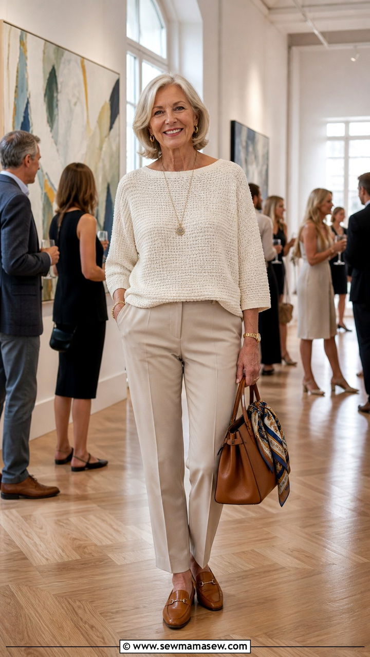 Cream Knit Top with Tailored Trousers - 40 Spring outfit ideas for women over 60 2026