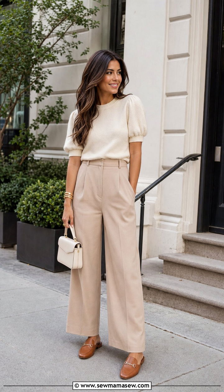 Cream Knit Top with Wide Leg Trousers - 25 Spring Sunday outfit ideas