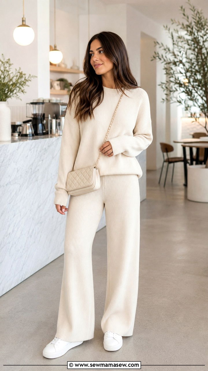 Cream Knit Two Piece Set With Sneakers Outfit - 30 casual quiet luxury outfits