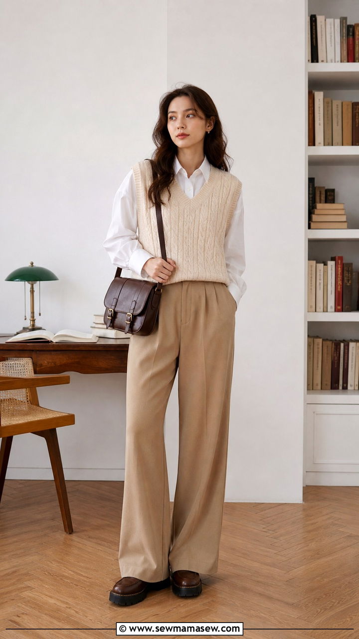 Cream Knit Vest And Wide Leg Trousers - 40 light academia outfits ideas