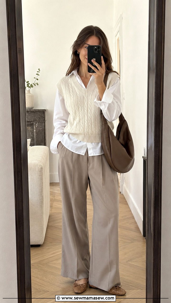 Cream Knit Vest With Relaxed Trousers And Woven Flats - 30 Parisian capsule wardrobe 2026