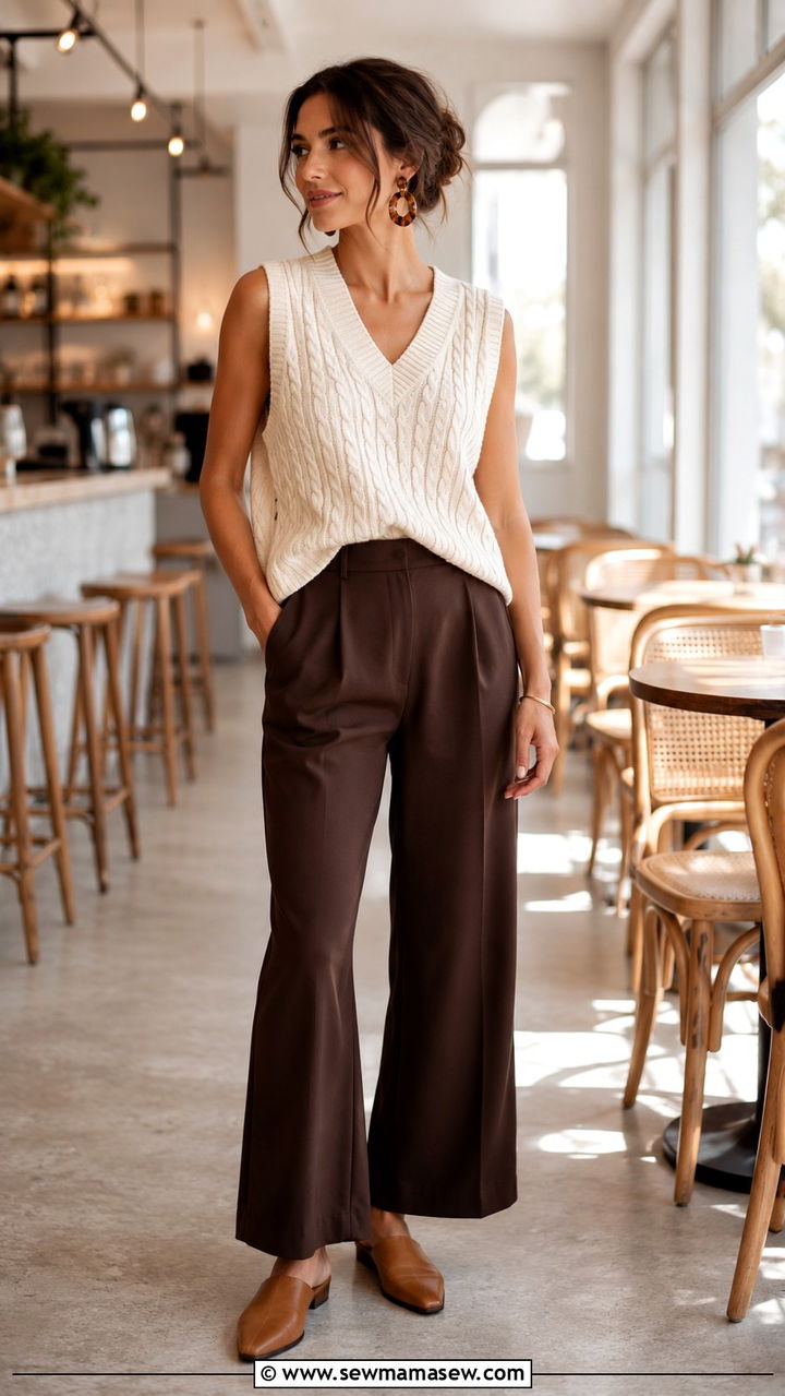 Cream Knit Vest and Brown Wide Leg Trousers Outfit - 30 casual parisian outfits