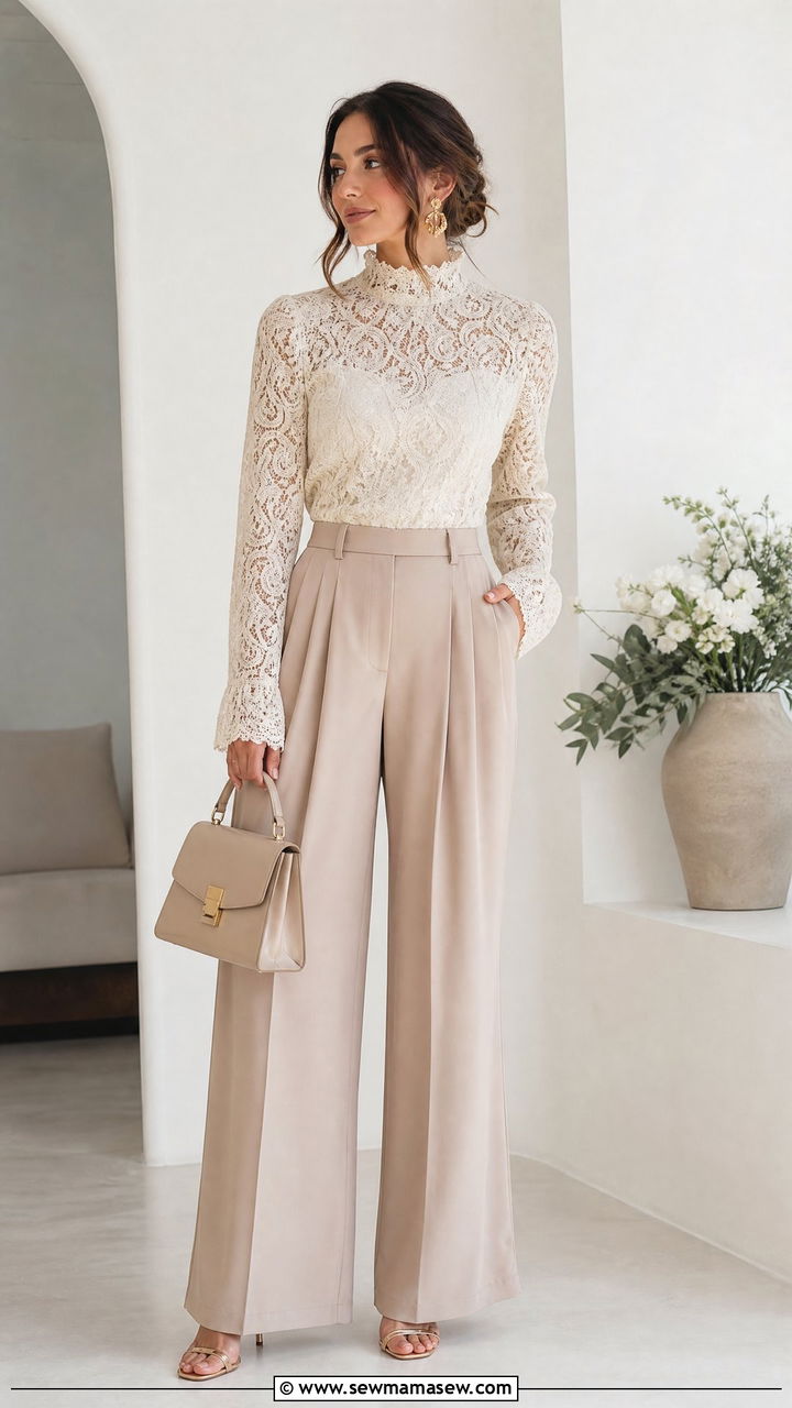 Cream Lace Blouse With Wide Leg Trousers - 25 lace outfits inspo