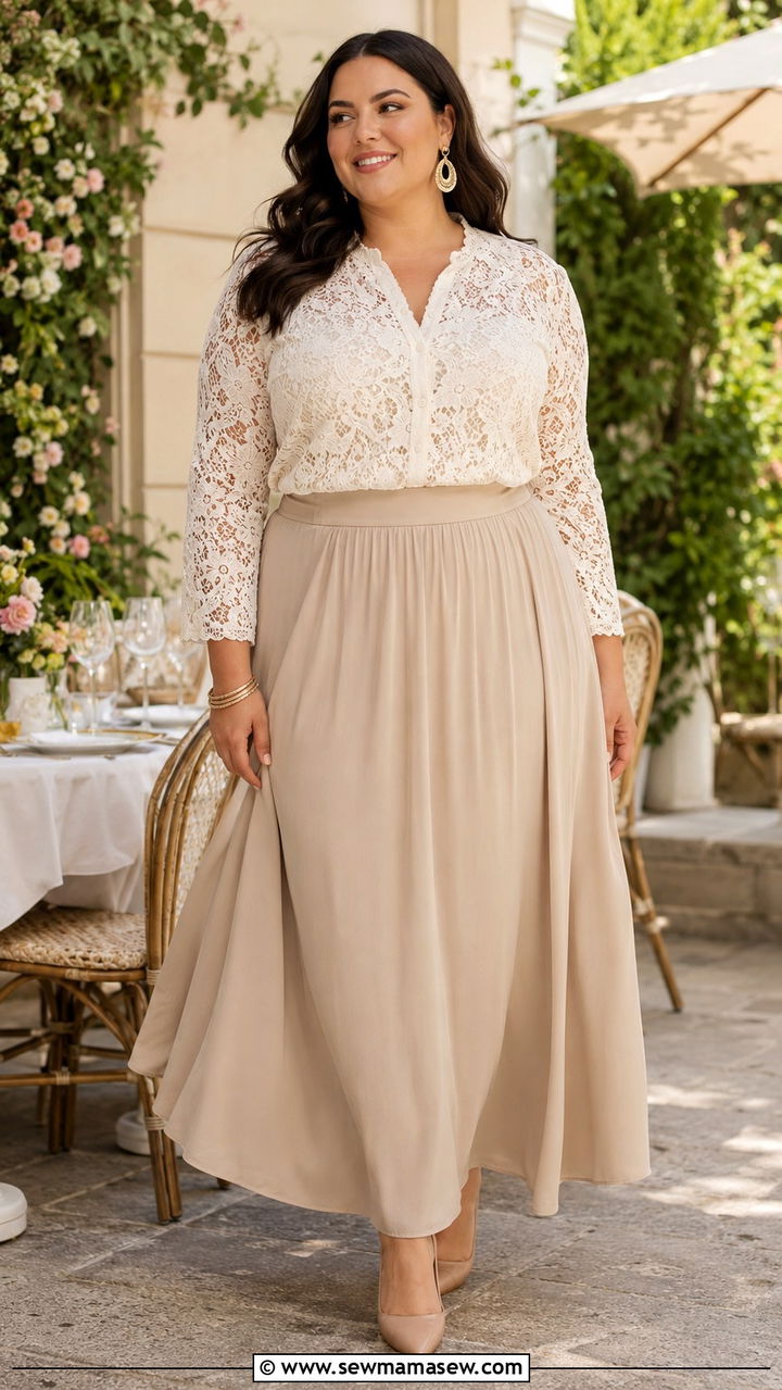 Cream Lace Blouse with Maxi Skirt and Pointed Toe Heels - 30 plus size brunch outfit ideas