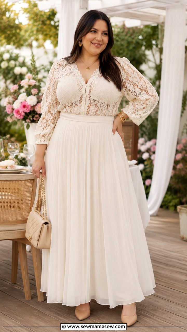 Cream Lace Blouse with Maxi Skirt - 30 Plus size brunch outfits