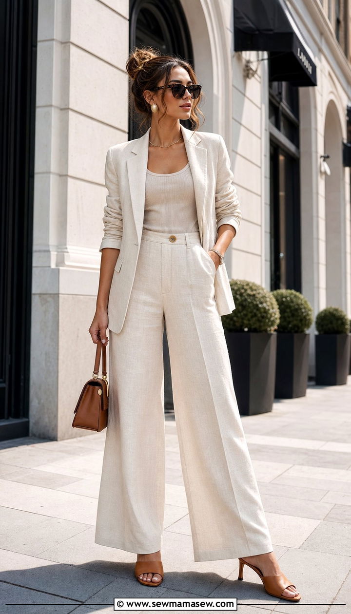 Cream Linen Blazer with Matching Trousers - 25 summer linen blazer outfit ideas