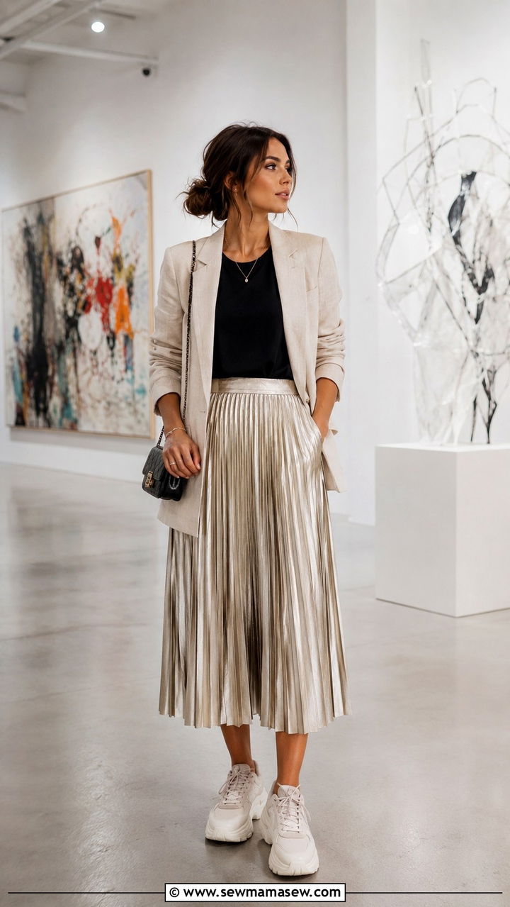 Cream Linen Blazer with Slogan Tee and Pleated Midi Skirt - 30 Linen blazer outfit ideas with a t-shirt