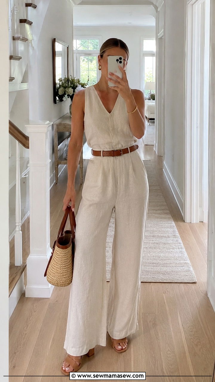 Cream Linen Jumpsuit Leather Belt Hamptons Outfit - 30 Old money outfit ideas for the Hamptons