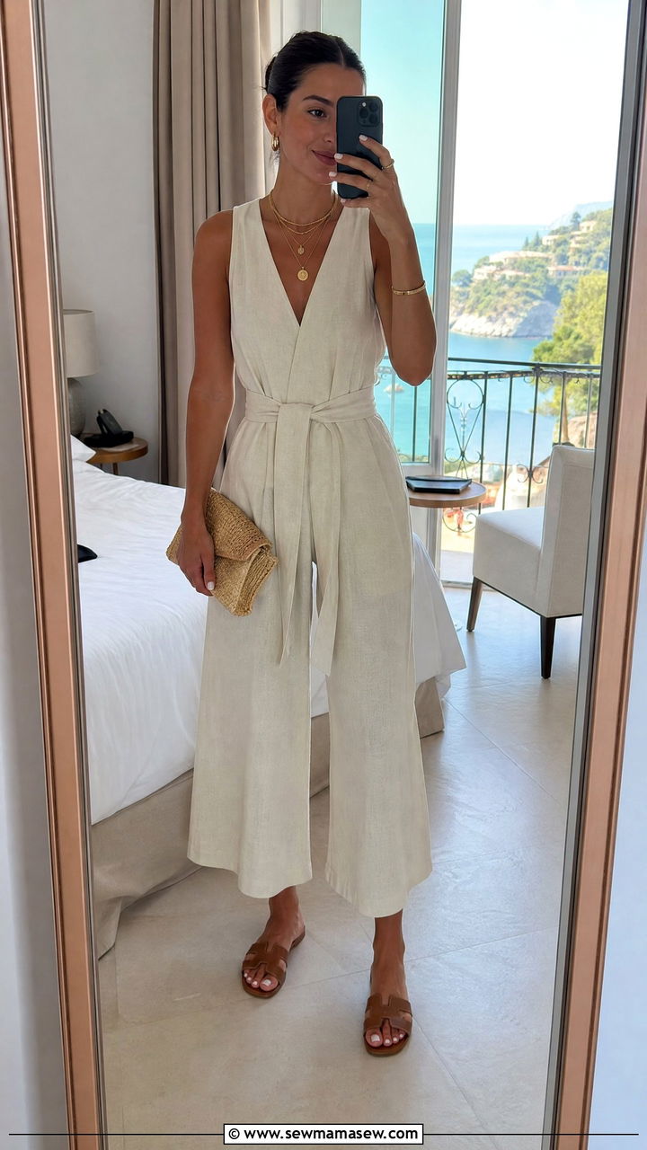 Cream Linen Jumpsuit with Gold Jewelry and Leather Sandals - 30 French Riviera outfit ideas