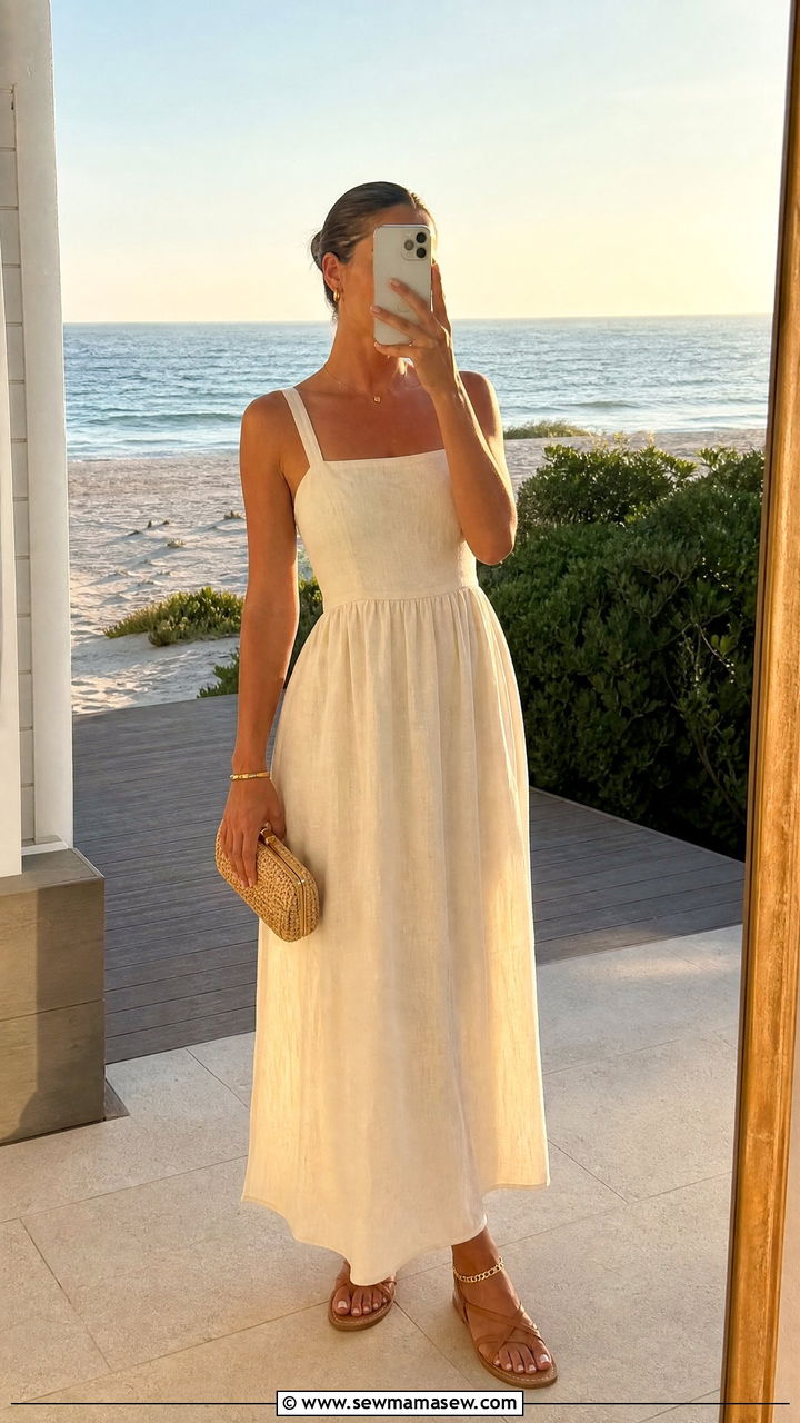 Cream Linen Maxi Dress with Strappy Sandals - 30 Hamptons outfit ideas