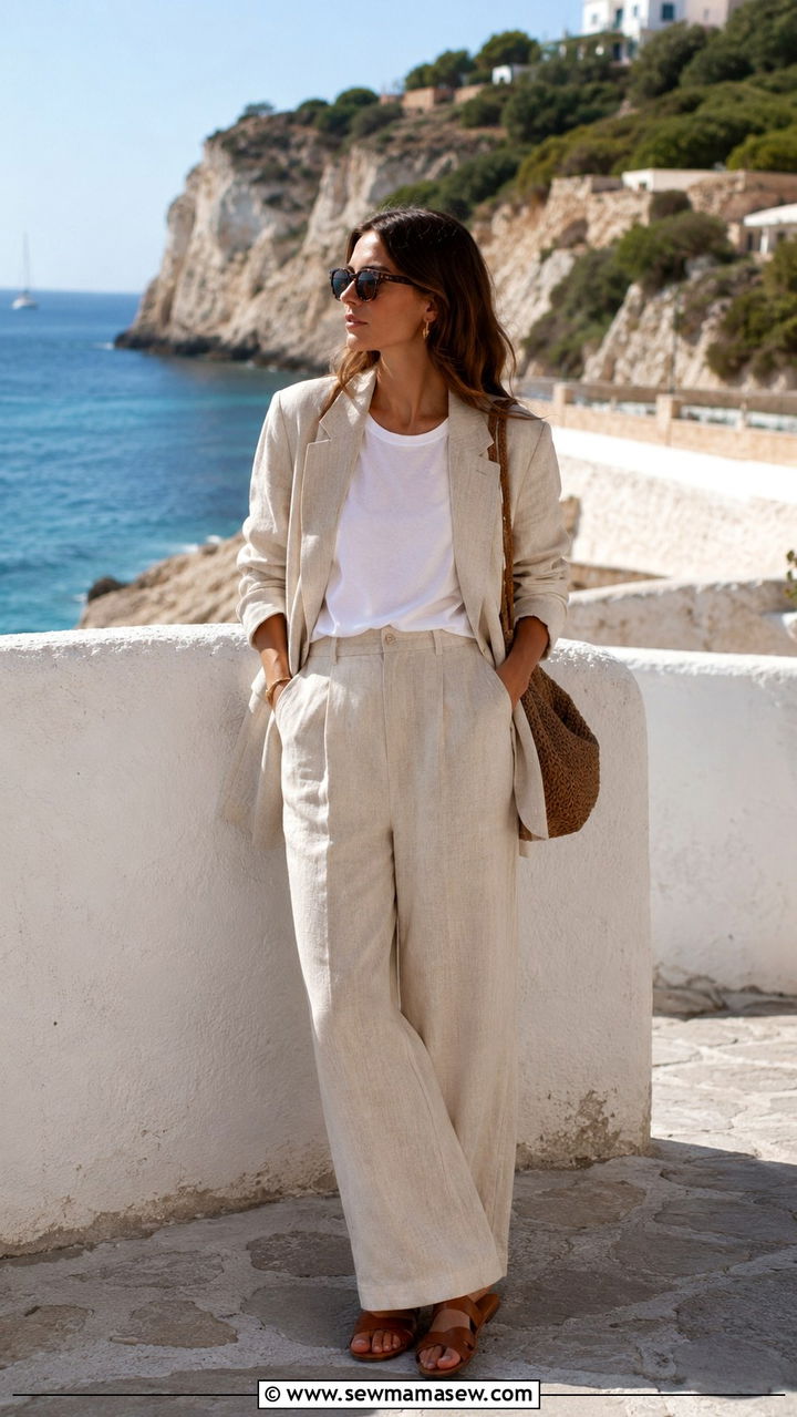 Cream Linen Oversized Blazer With White Tee and Linen Trousers - 30 Oversized blazer outfit ideas with a t-shirt