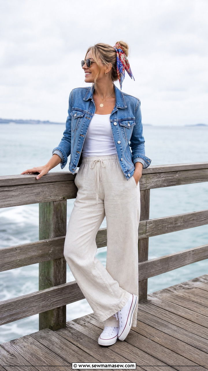 Cream Linen Pants With Denim Jacket - 30 Linen pants outfit ideas for beach