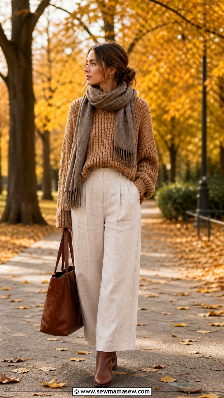 Cream Linen Pants with a Chunky Knit Sweater and Ankle Boots - 40 linen pants outfit ideas for women