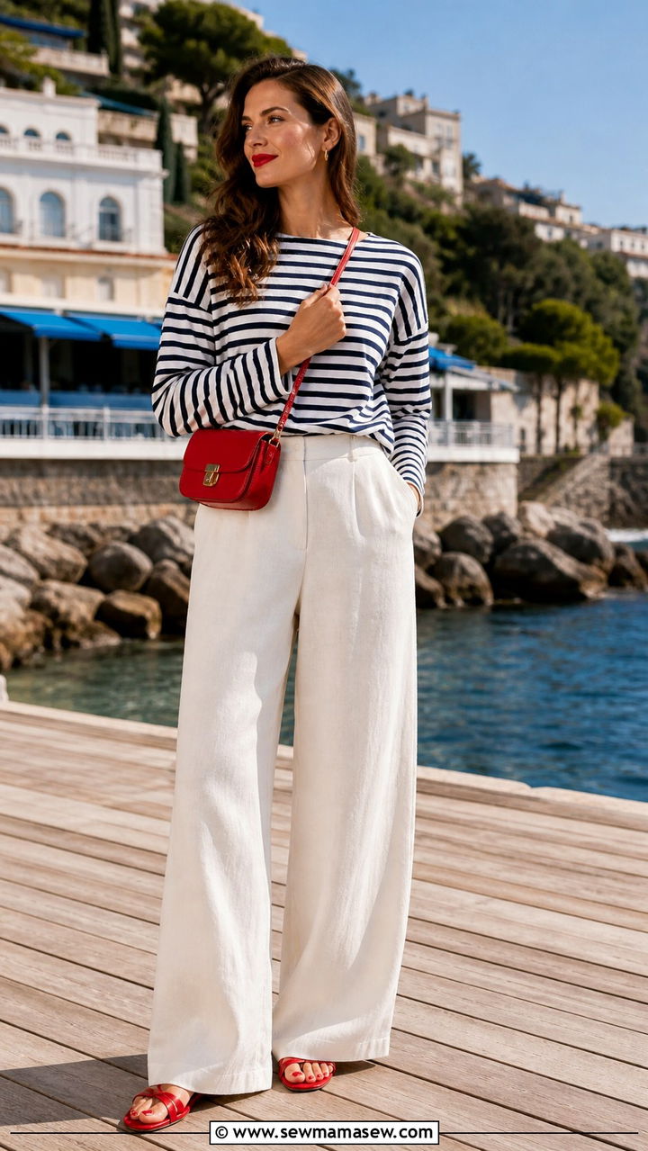 Cream Linen Pants with a Navy and White Striped Breton Top and Red Accents - 40 linen pants outfit ideas for women