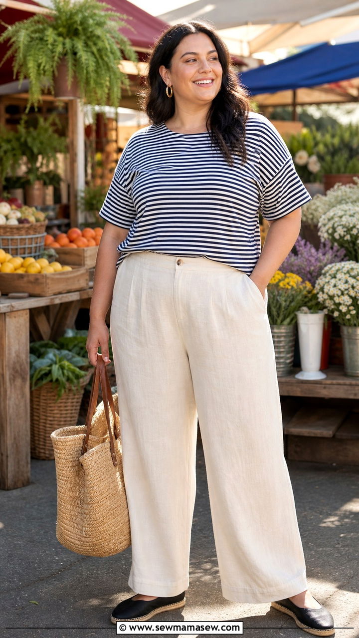 Cream Linen Pants with a Striped Short Sleeve Tee and Espadrilles - 40 linen pants outfit ideas for women