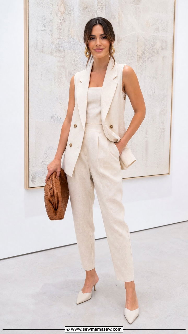 Cream Linen Peg Pants With Blazer Outfit - 25 linen pants outfits aesthetic