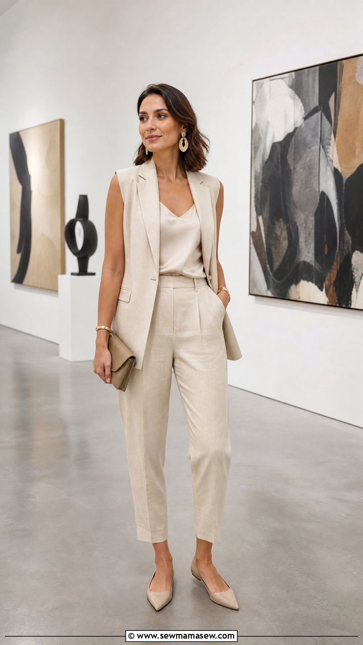 Cream Linen Peg Pants With Sleeveless Blazer And Sculptural Earrings - 35 linen pants outfits