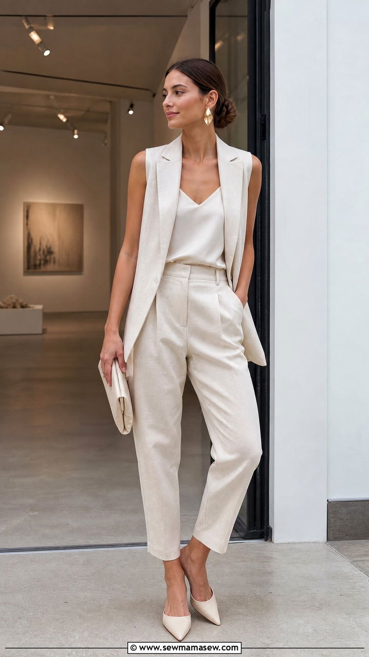 Cream Linen Peg Pants With Sleeveless Blazer and Sculptural Earrings - 25 Spring outfits with linen pants