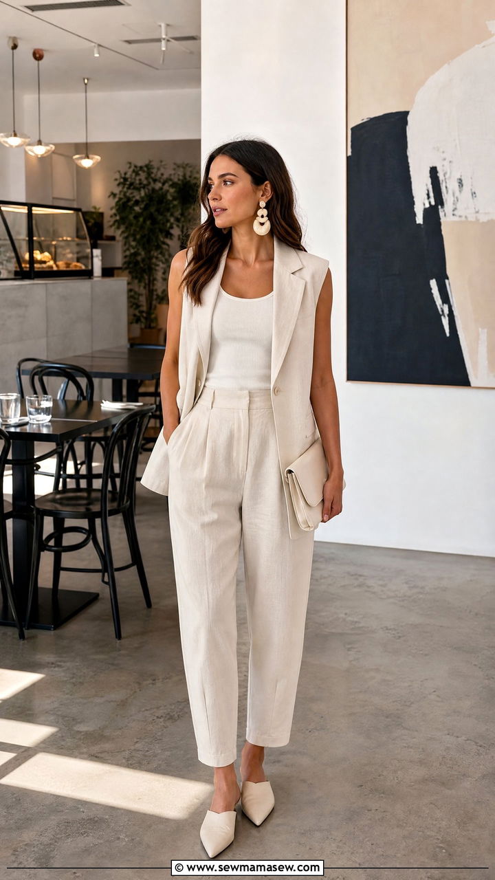 Cream Linen Peg Pants with a Sleeveless Blazer and Sculptural Earrings - 25 Brunch outfit ideas with linen pants