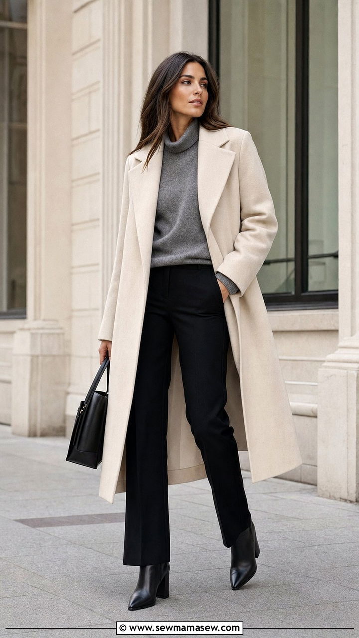 Cream Longline Coat With Gray Cashmere Sweater and Black Pants - 25 cute quiet luxury outfits