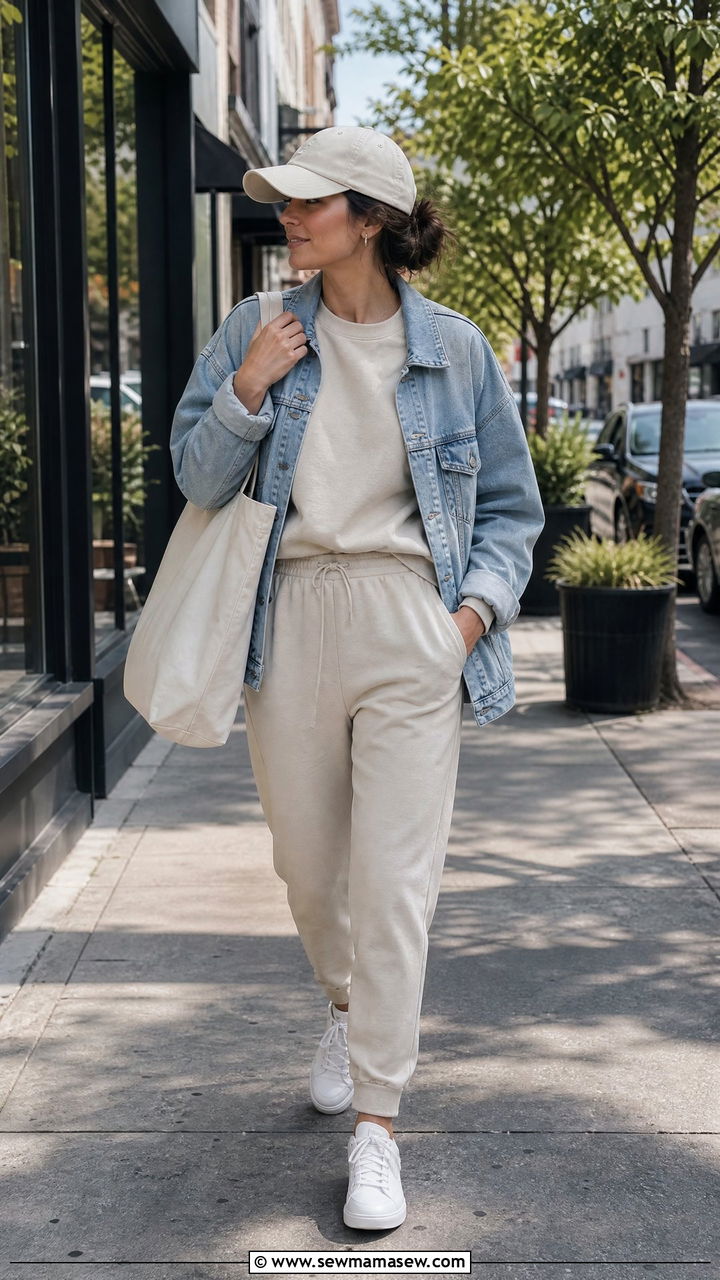 Cream Lounge Set with Denim Jacket Street Style - 25 Cream loungewear set outfit ideas
