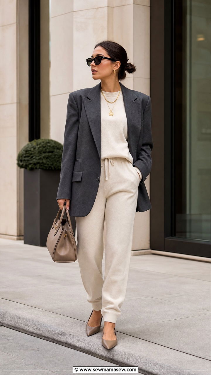 Cream Lounge Set with Oversized Blazer Outfit - 25 Cream loungewear set outfit ideas