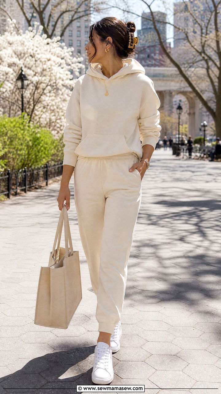 Cream Lounge Set with White Sneakers and Tote - 25 Cream loungewear set outfit ideas
