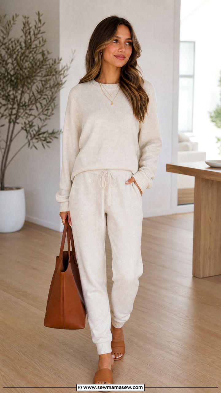 Cream Matching Lounge Set with Gold Jewelry - 25 Cream loungewear set outfit ideas