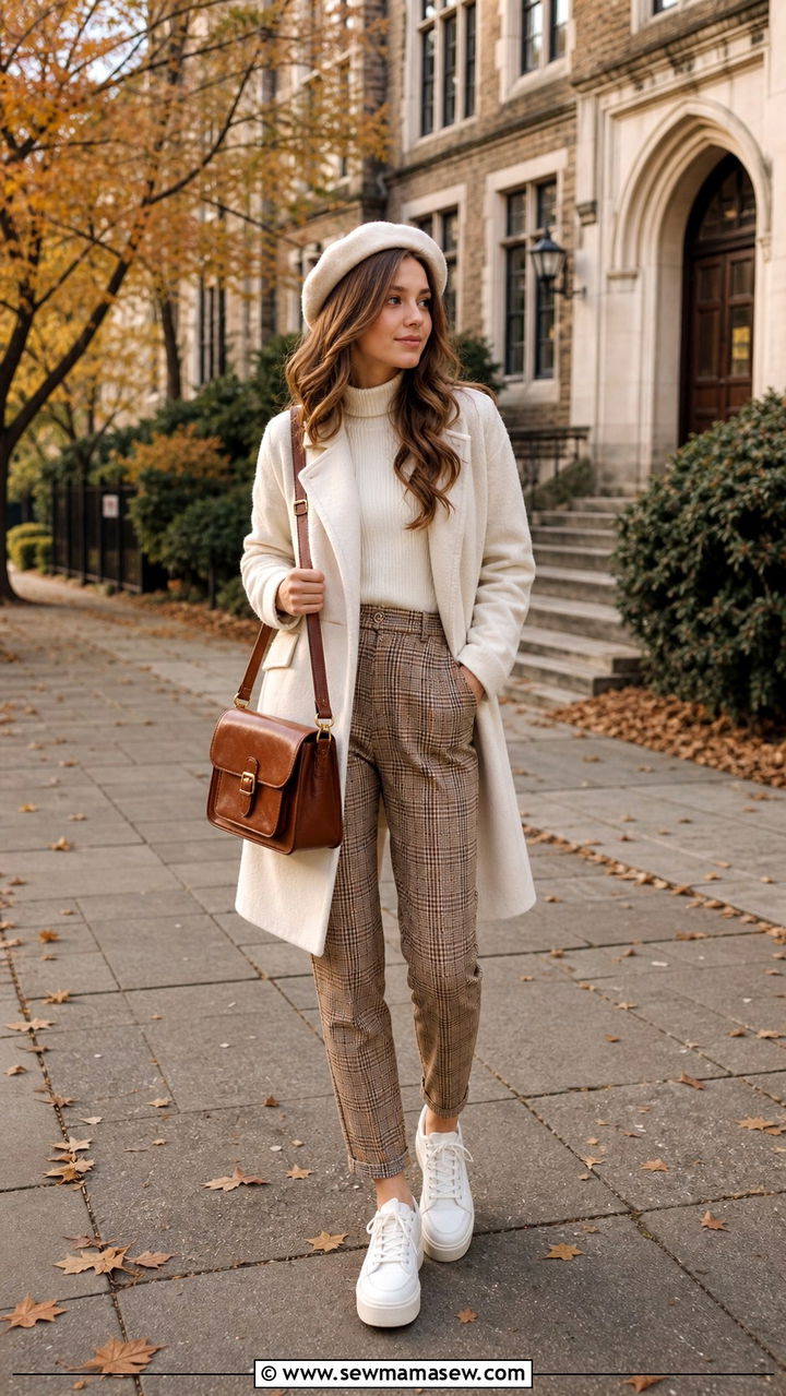 Cream Mock Neck And Plaid Pants - 40 light academia outfits ideas