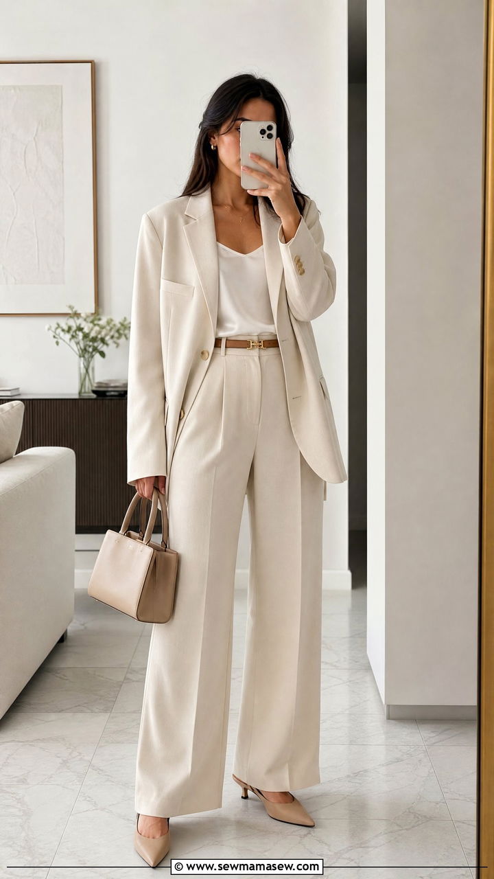 Cream Monochrome Suit With Wide Leg Trousers - 35 Minimalist work outfits