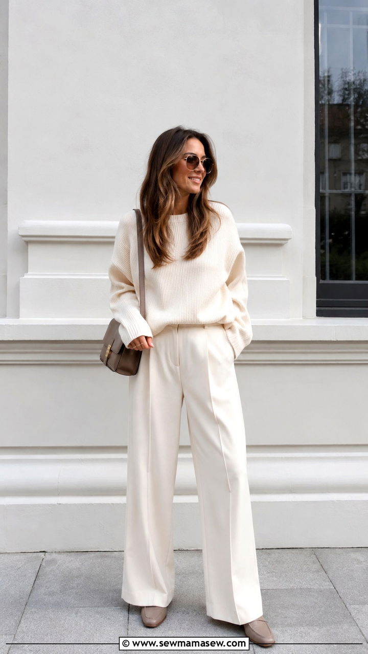 Cream Monochrome with Wide Leg Trousers and Loafers - 30 classy scandinavian outfit ideas