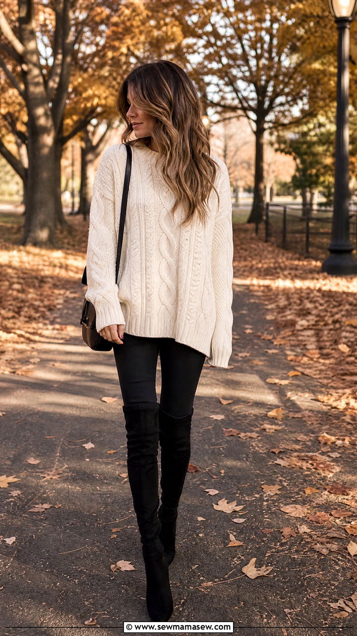 Cream Oversized Sweater With Black Skinny Jeans - 30 Cream and black outfit ideas