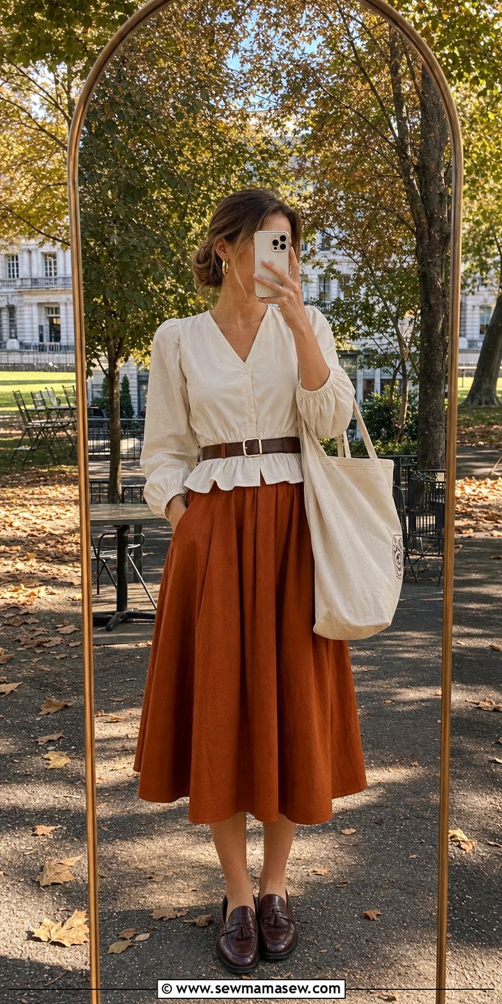 Cream Peplum Blouse With Burnt Orange Midi Skirt And Burgundy Loafers - 25 dark academia capsule wardrobe outfits