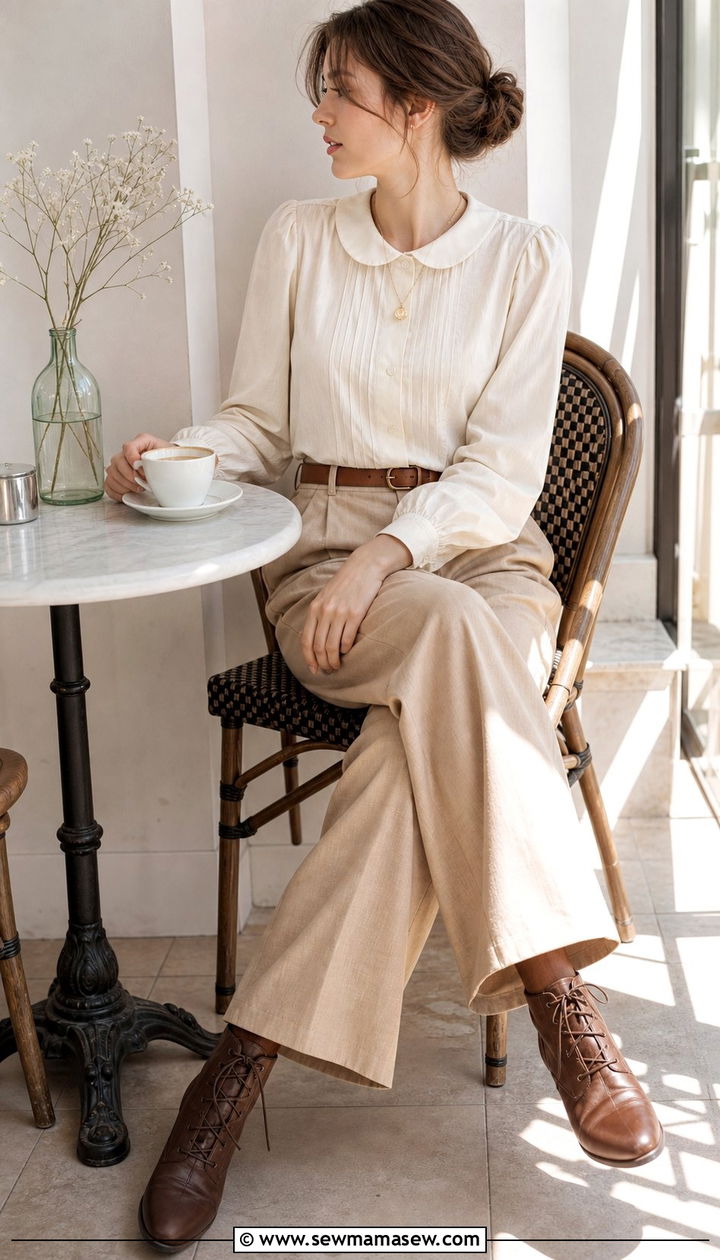 Cream Peter Pan collar blouse and wide leg trousers outfit - 25 spring light academia outfits